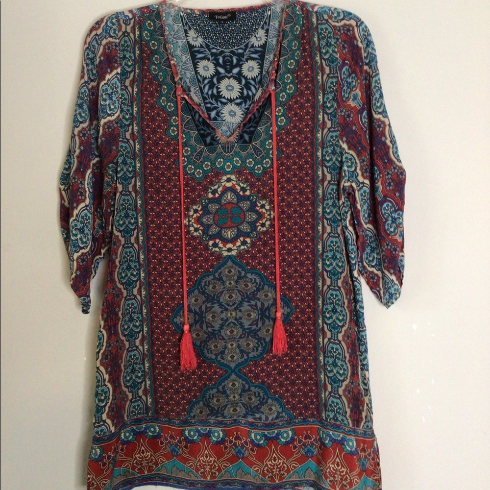 Tolani Bohemian Print Silk Dress Ruched Elbow Sleeves Oversized Lightweight